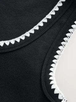 Black/White Contrast Knit Trim Scoop Neck Sleeveless Tank Vest Top