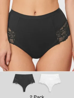 Black/White Cotton Tummy Control Shaping Thong Knickers 2 Pack