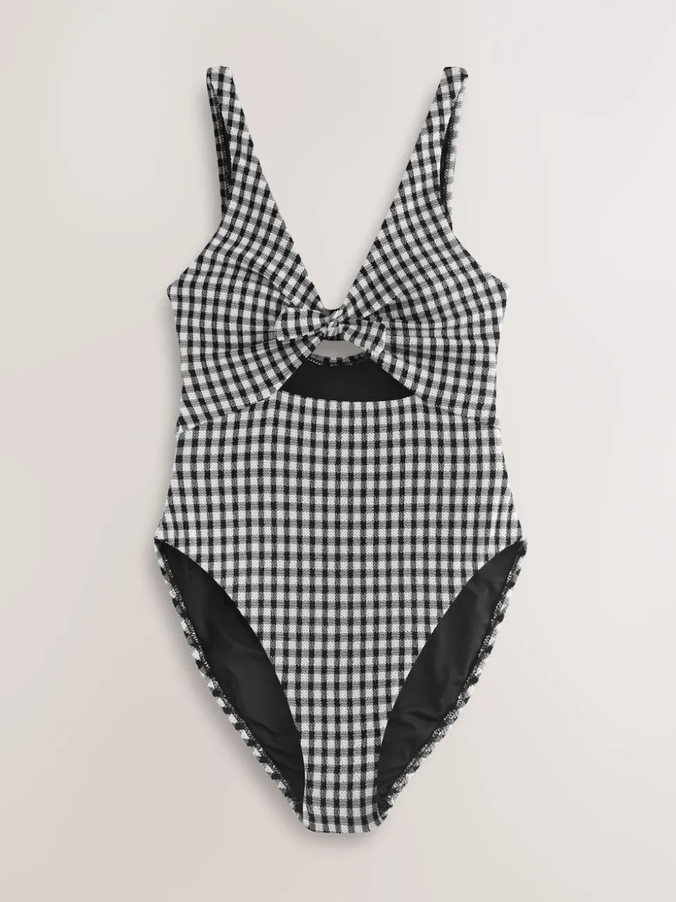 Black/White Crinkle Gingham Cutout Plunge Tummy Control Swimsuit