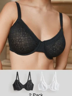 Black/White DD+ Lace Non Pad Full Cup Minimiser Bras 2 Pack