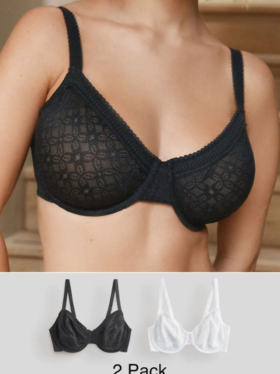 Black/White DD+ Lace Non Pad Full Cup Minimiser Bras 2 Pack