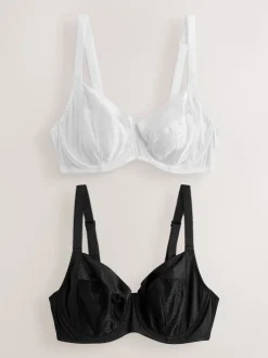 Black/White DD+ Non Pad Balcony Smoothing Animal Mesh Underwired With Side Support Bras 2 Pack