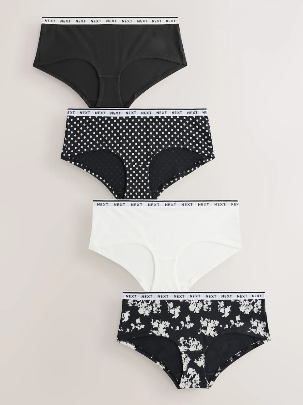Black/White Floral Print Short Cotton Logo Knickers 4 Pack
