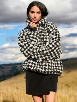 Black/White Houndstooth Check Jacquard Teddy Borg Quarter Zip Fleece Sweatshirt