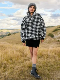 Black/White Houndstooth Check Jacquard Teddy Borg Quarter Zip Fleece Sweatshirt