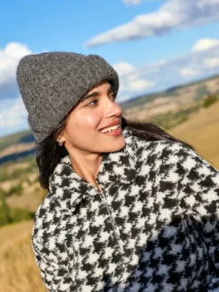 Black/White Houndstooth Check Jacquard Teddy Borg Quarter Zip Fleece Sweatshirt