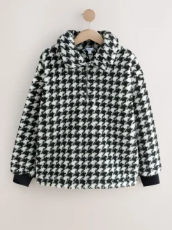 Black/White Houndstooth Check Jacquard Teddy Borg Quarter Zip Fleece Sweatshirt