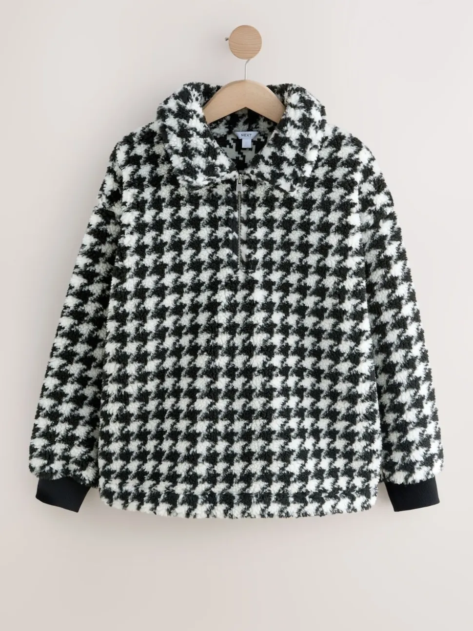 Black/White Houndstooth Check Jacquard Teddy Borg Quarter Zip Fleece Sweatshirt
