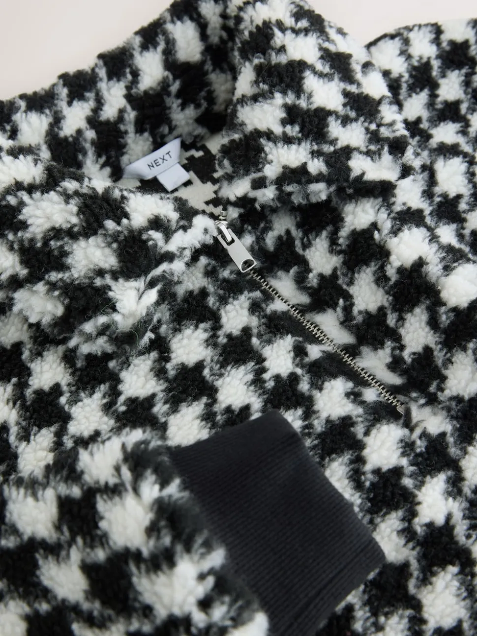 Black/White Houndstooth Check Jacquard Teddy Borg Quarter Zip Fleece Sweatshirt
