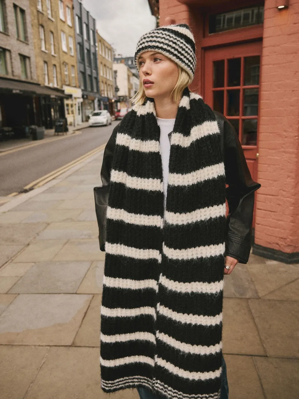 Black/White Knitted Wool Blend Striped Scarf