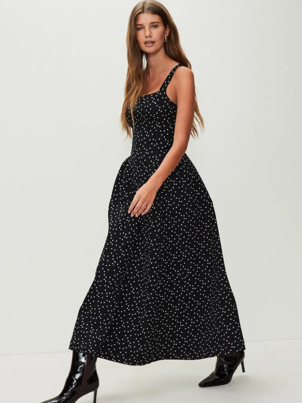 Black/White Polka Dot Occasion Cinched Waist Maxi Dress