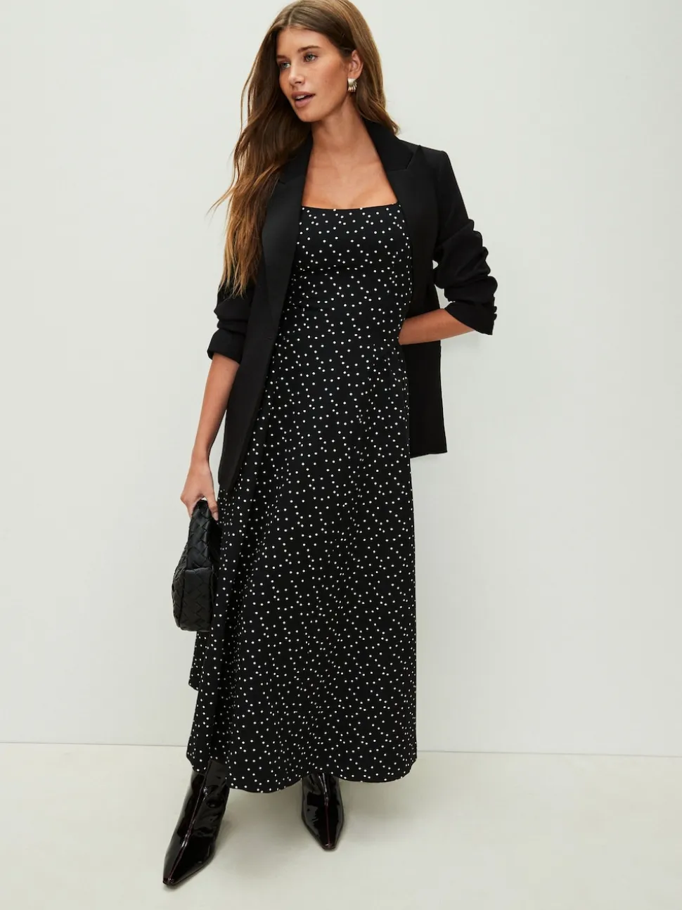 Black/White Polka Dot Occasion Cinched Waist Maxi Dress