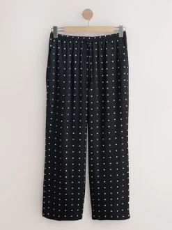 Black/White Polka Dot Satin Tie Waist Wide Leg Trousers