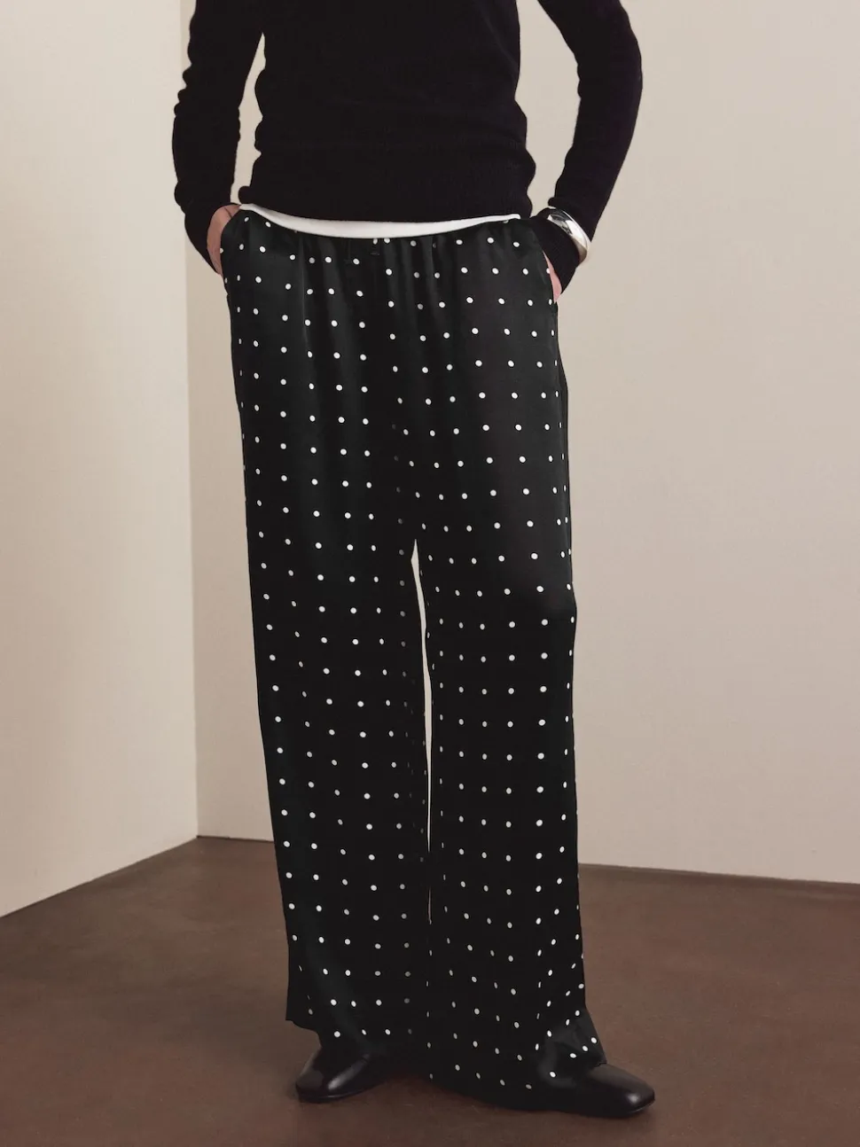 Black/White Polka Dot Satin Tie Waist Wide Leg Trousers