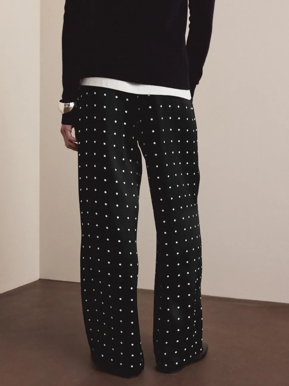 Black/White Polka Dot Satin Tie Waist Wide Leg Trousers