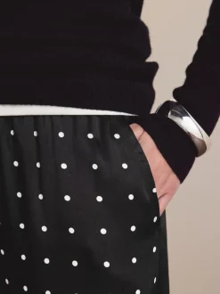 Black/White Polka Dot Satin Tie Waist Wide Leg Trousers