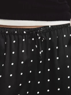 Black/White Polka Dot Satin Tie Waist Wide Leg Trousers