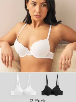 Black/White Push Up Plunge Lace Bras 2 Pack