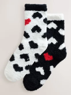 Black/White Red Hearts Cosy Ankle Socks 2 Pack