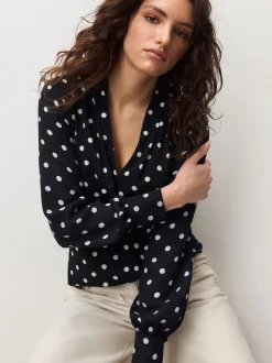 Black/White Spot Long Sleeve V-Neck Blouse
