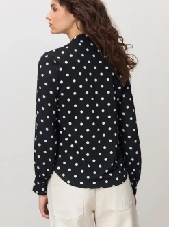 Black/White Spot Long Sleeve V-Neck Blouse