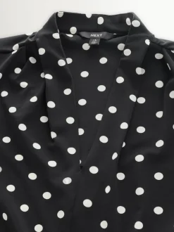 Black/White Spot Long Sleeve V-Neck Blouse
