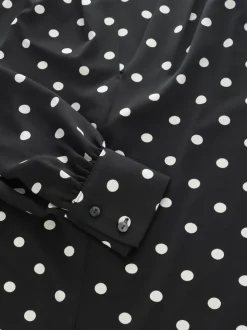 Black/White Spot Long Sleeve V-Neck Blouse