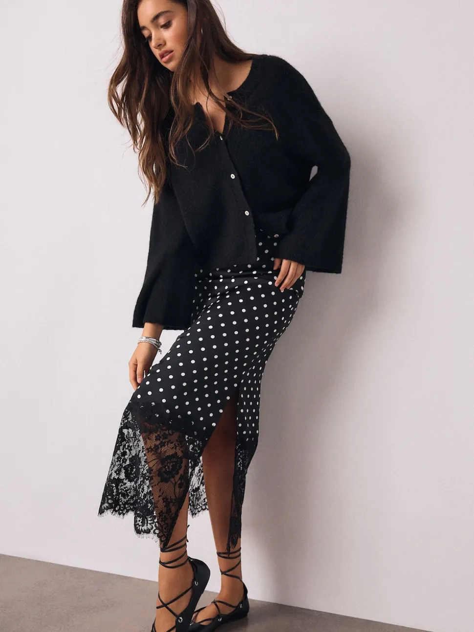 Black/White Spot Satin Midi Skirt With Lace Trim