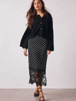 Black/White Spot Satin Midi Skirt With Lace Trim