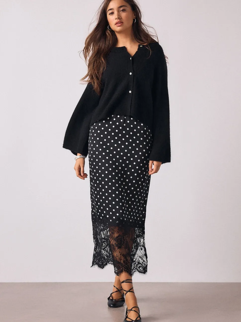 Black/White Spot Satin Midi Skirt With Lace Trim