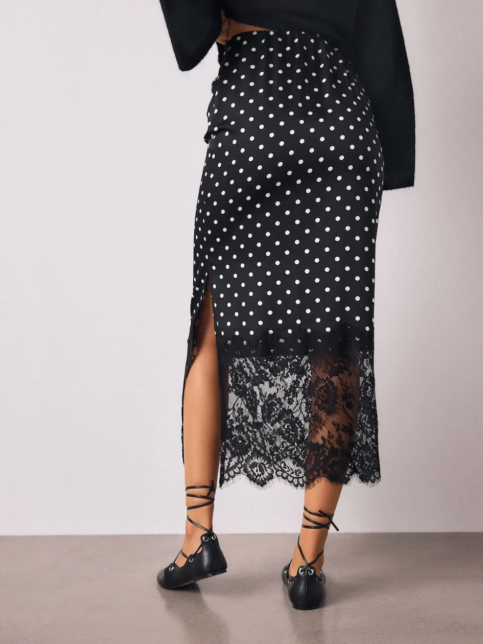 Black/White Spot Satin Midi Skirt With Lace Trim
