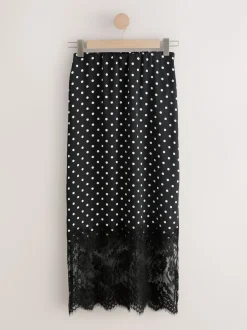 Black/White Spot Satin Midi Skirt With Lace Trim