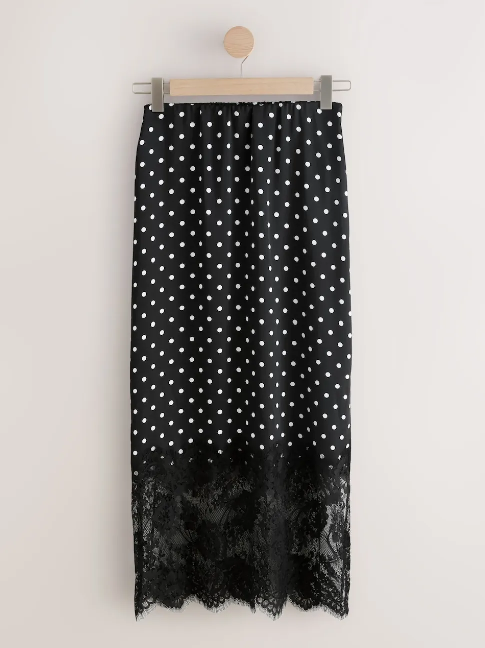 Black/White Spot Satin Midi Skirt With Lace Trim