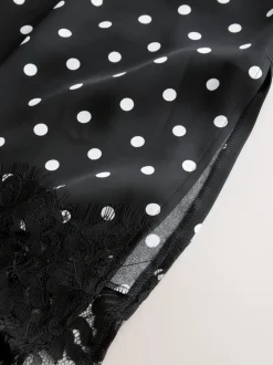 Black/White Spot Satin Midi Skirt With Lace Trim
