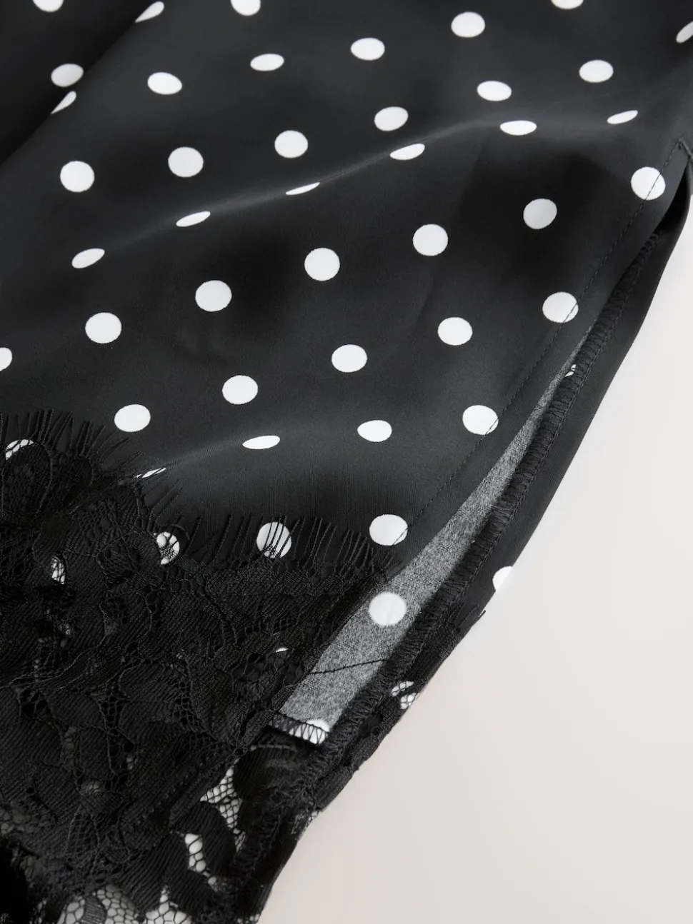 Black/White Spot Satin Midi Skirt With Lace Trim