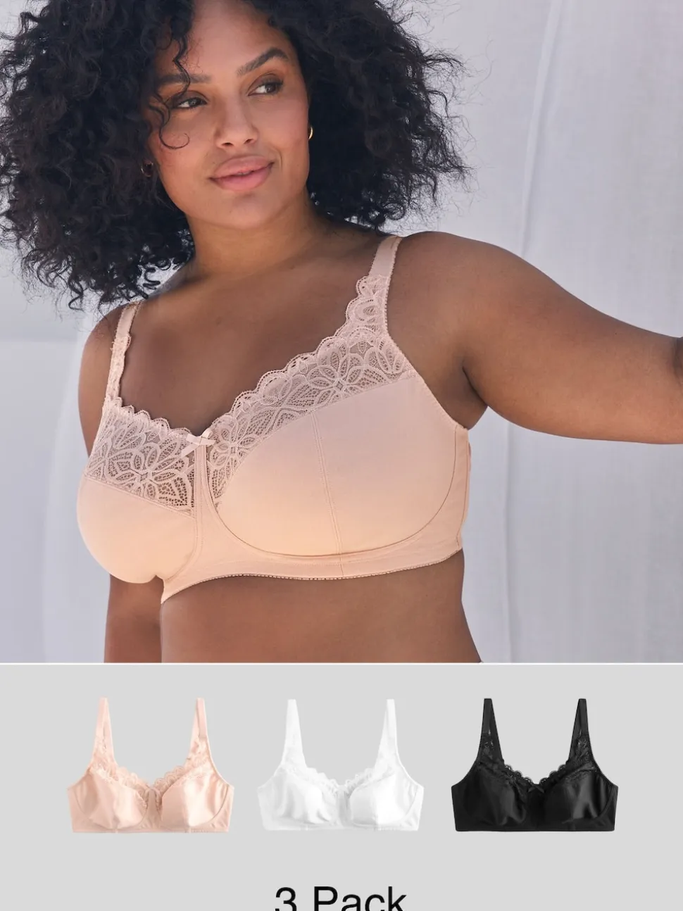 Black/White Total Support Cotton & Lace Non Wire Bra 3 Pack