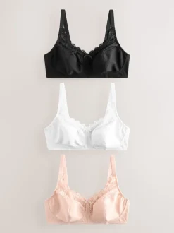 Black/White Total Support Cotton & Lace Non Wire Bra 3 Pack