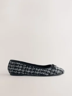 Black/White Tweed Standard/Wide Fit Round Toe Ballerina Shoes