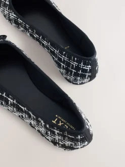 Black/White Tweed Standard/Wide Fit Round Toe Ballerina Shoes