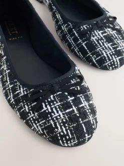 Black/White Tweed Standard/Wide Fit Round Toe Ballerina Shoes