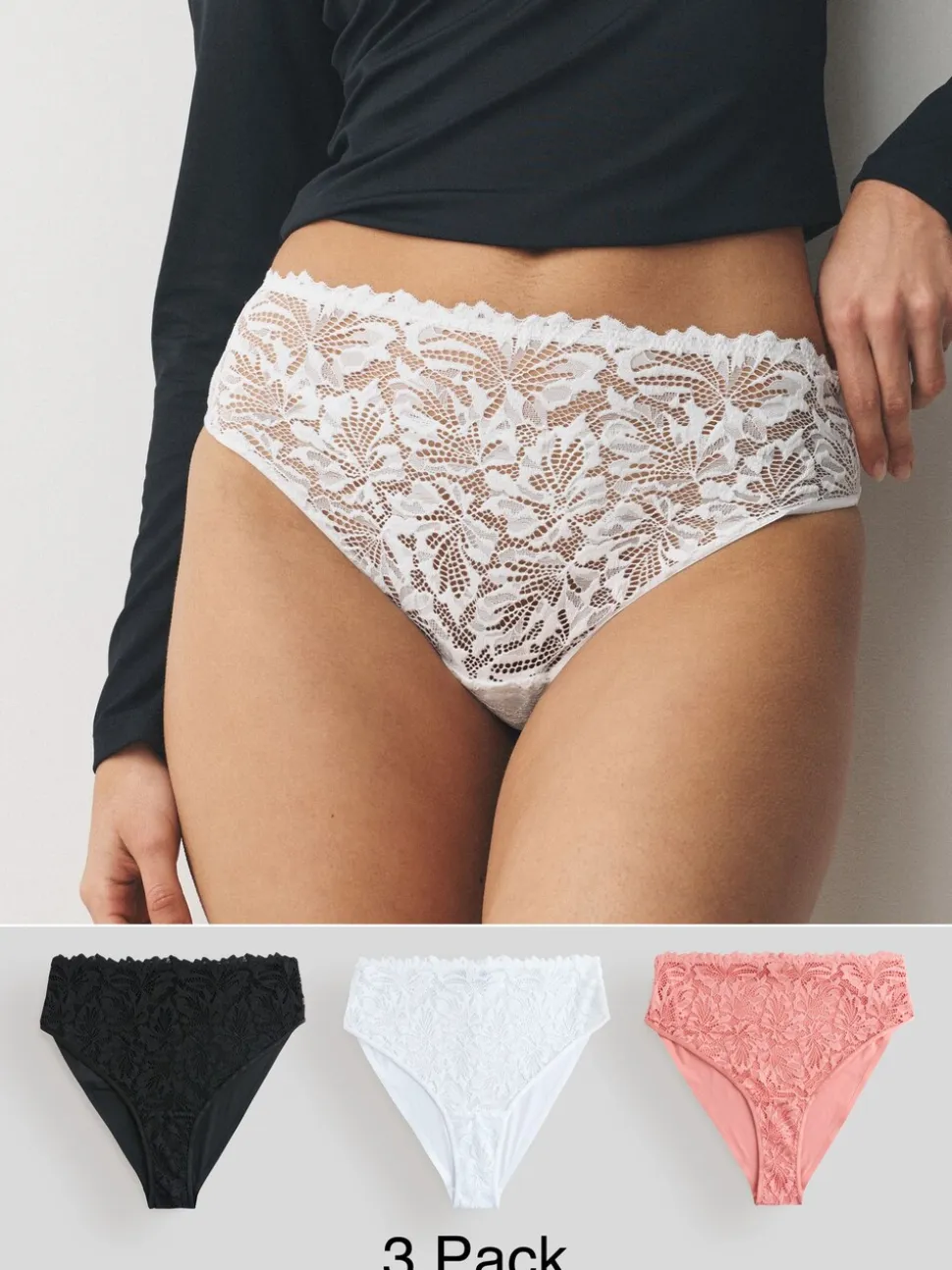 Black/White/Nude High Waist High Leg Lace Front NVPL Knickers 3 Pack
