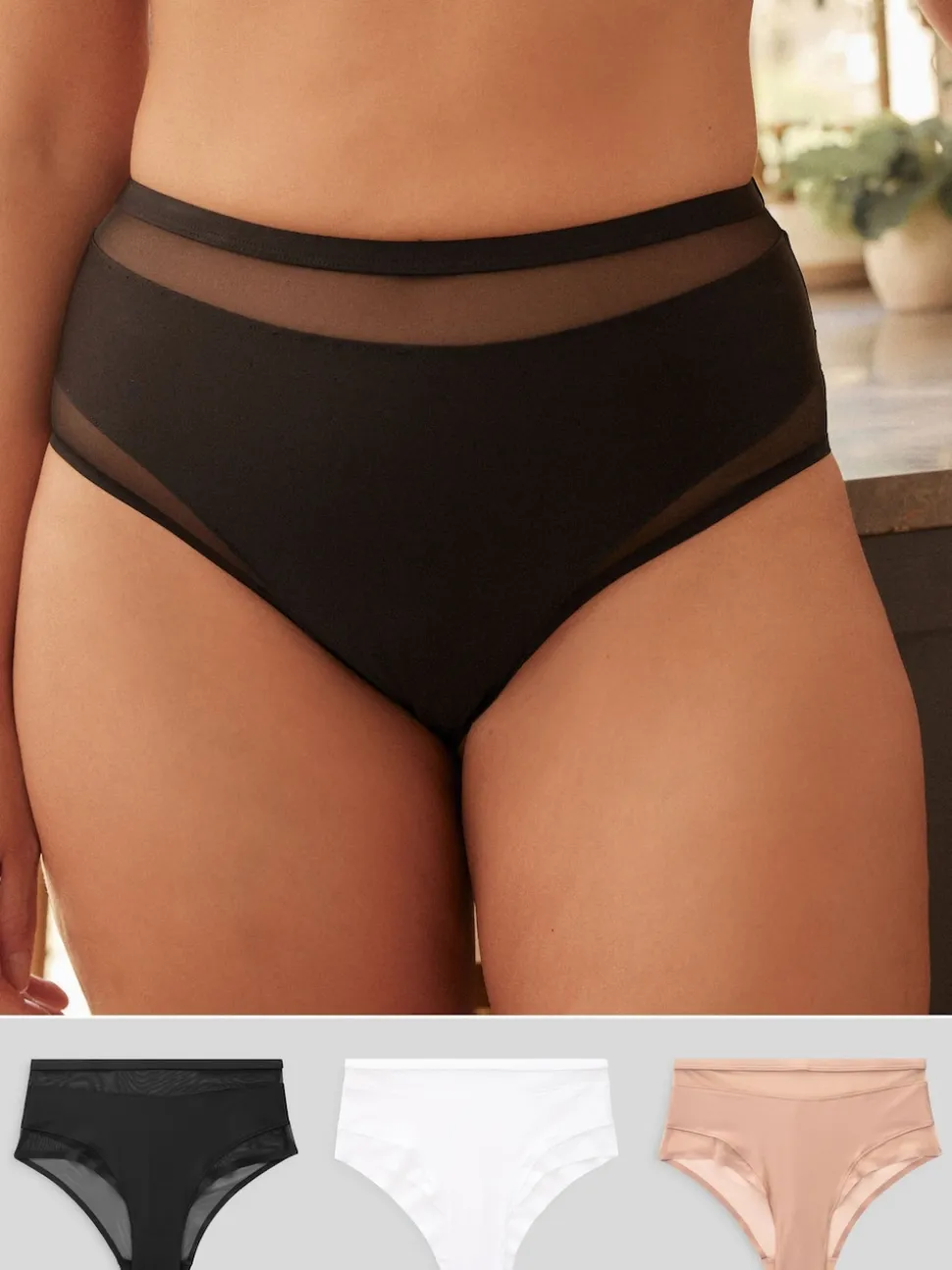 Black/White/Nude Mesh Trim High Waist High Leg Knickers 3 Pack