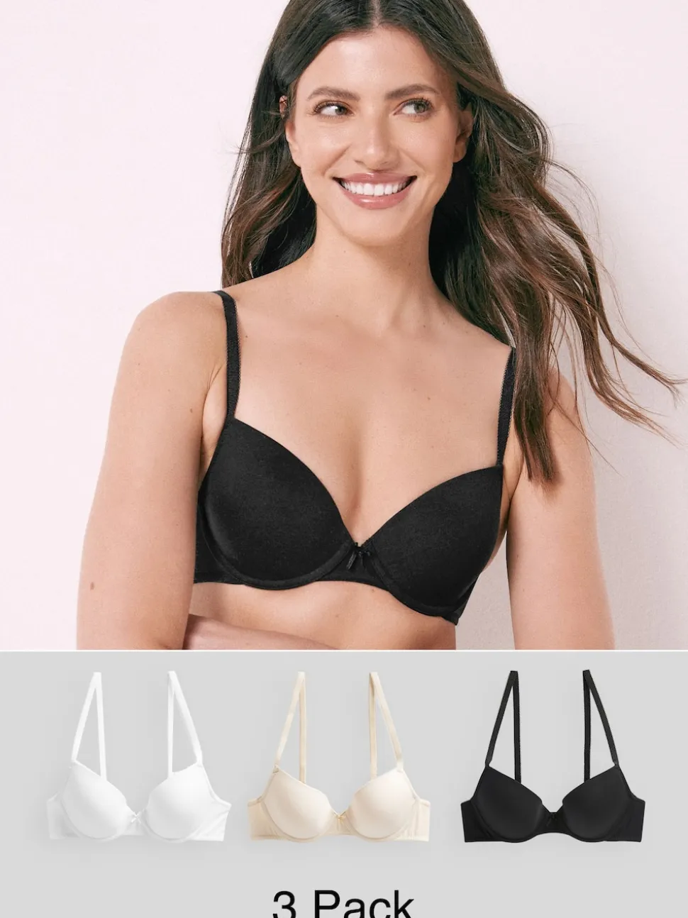 Black/White/Pastel Rose Nude Pad Plunge Cotton Blend Ultimate Comfort Bras 3 Pack