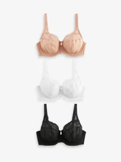 Black/White/Praline Nude DD+ Lace Trim Non Pad Full Cup Underwired Bras 3 Pack