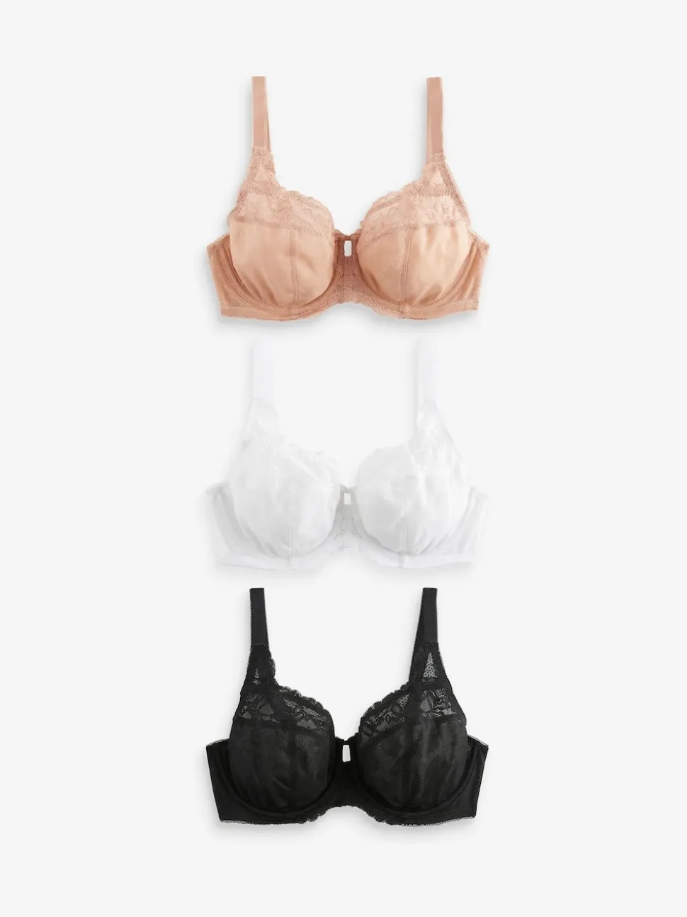 Black/White/Praline Nude DD+ Lace Trim Non Pad Full Cup Underwired Bras 3 Pack