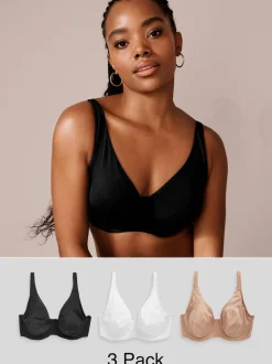 Black/White/Praline Nude Non Pad Full Cup DD+ Microfibre Smoothing Ultimate Comfort T-Shirt Bras 3 Pack