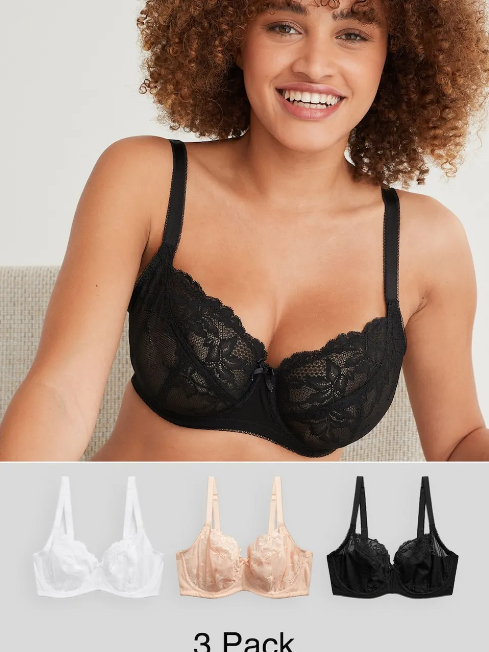 Black/White/Praline Nude Non Pad Balcony DD+ Lace Bras 3 Pack
