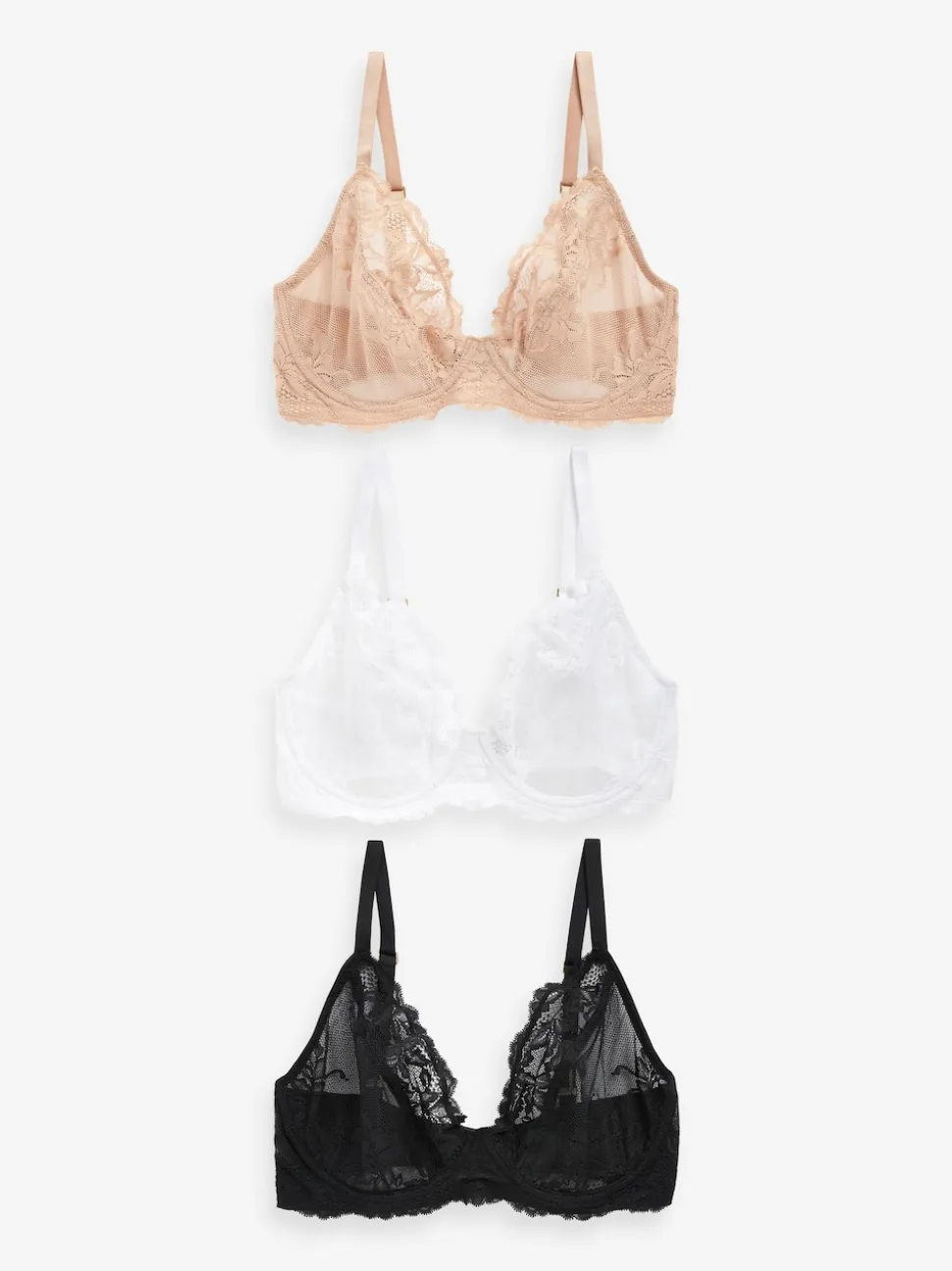 Black/White/Praline Nude Non Pad Plunge DD+ Lace Bras 3 Pack