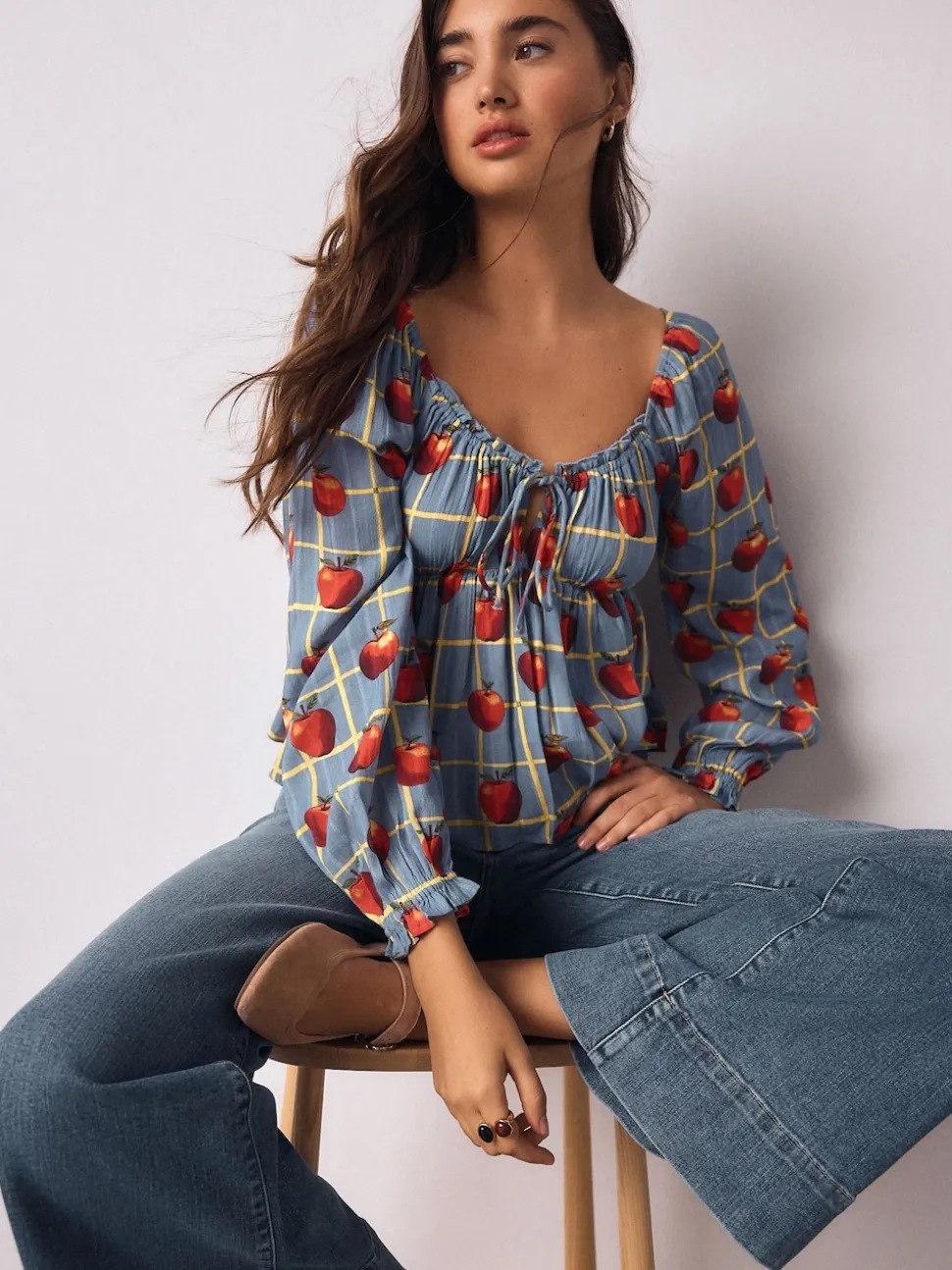 Blue Apple Print Long Sleeve Milkmaid Top