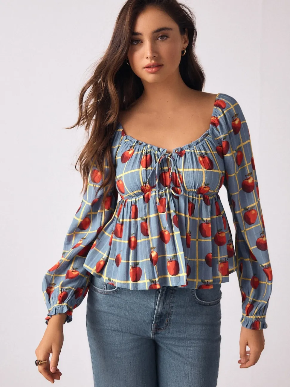Blue Apple Print Long Sleeve Milkmaid Top